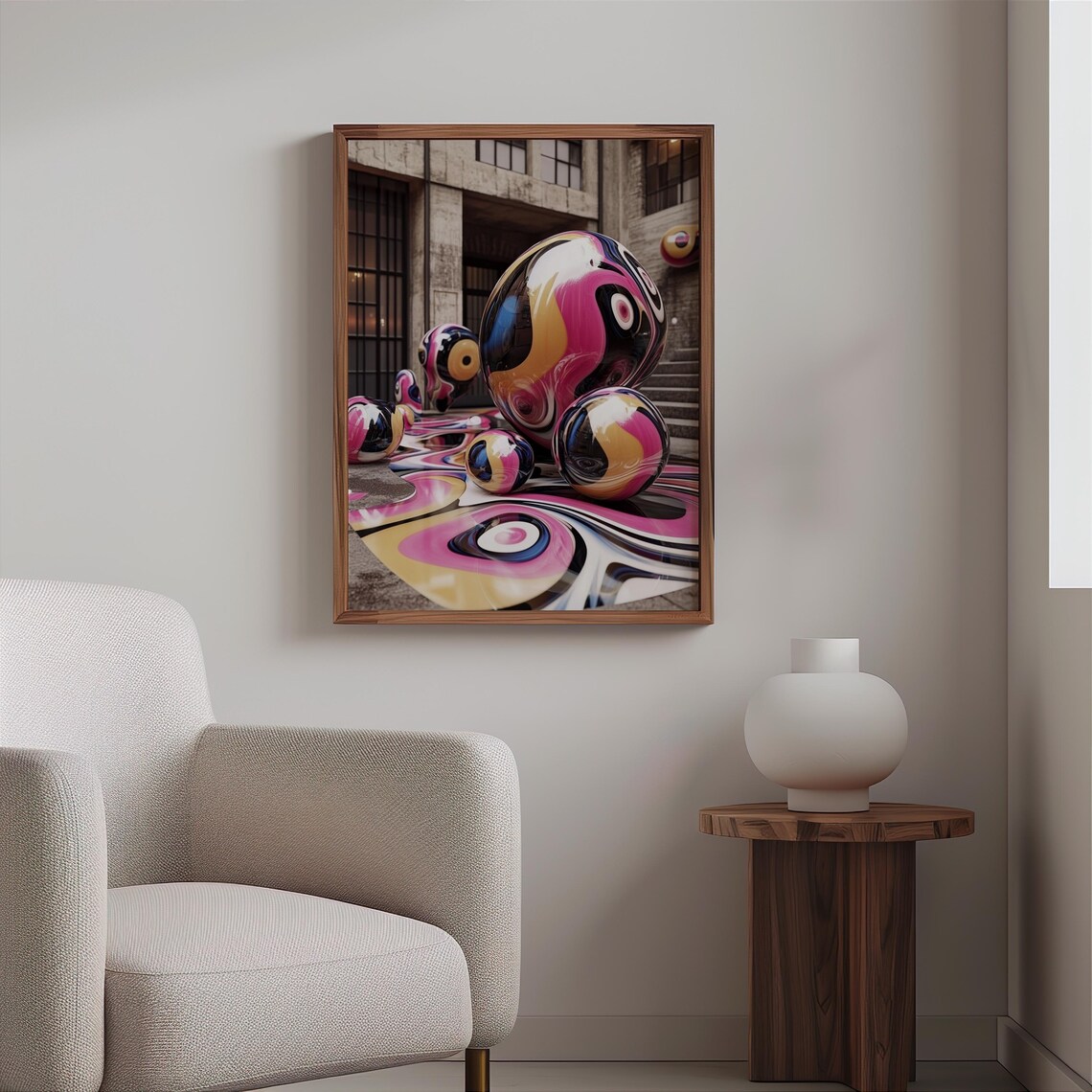 Colorful Glossy Swirled Spheres Urban Alley Surreal Art Poster - Image 2