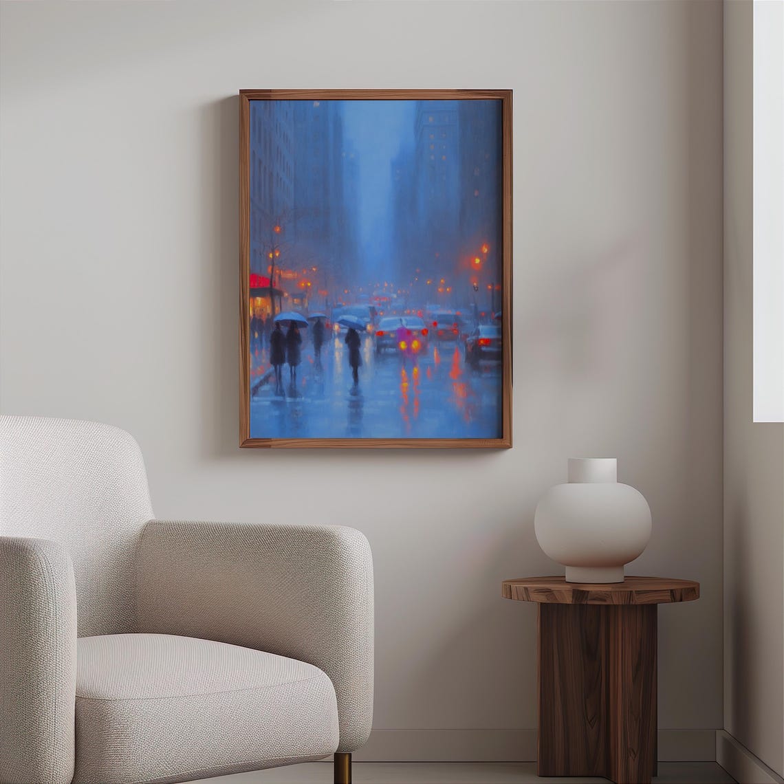 Blue Misty Evening City Street Umbrellas Light Reflections Art Poster - Image 2