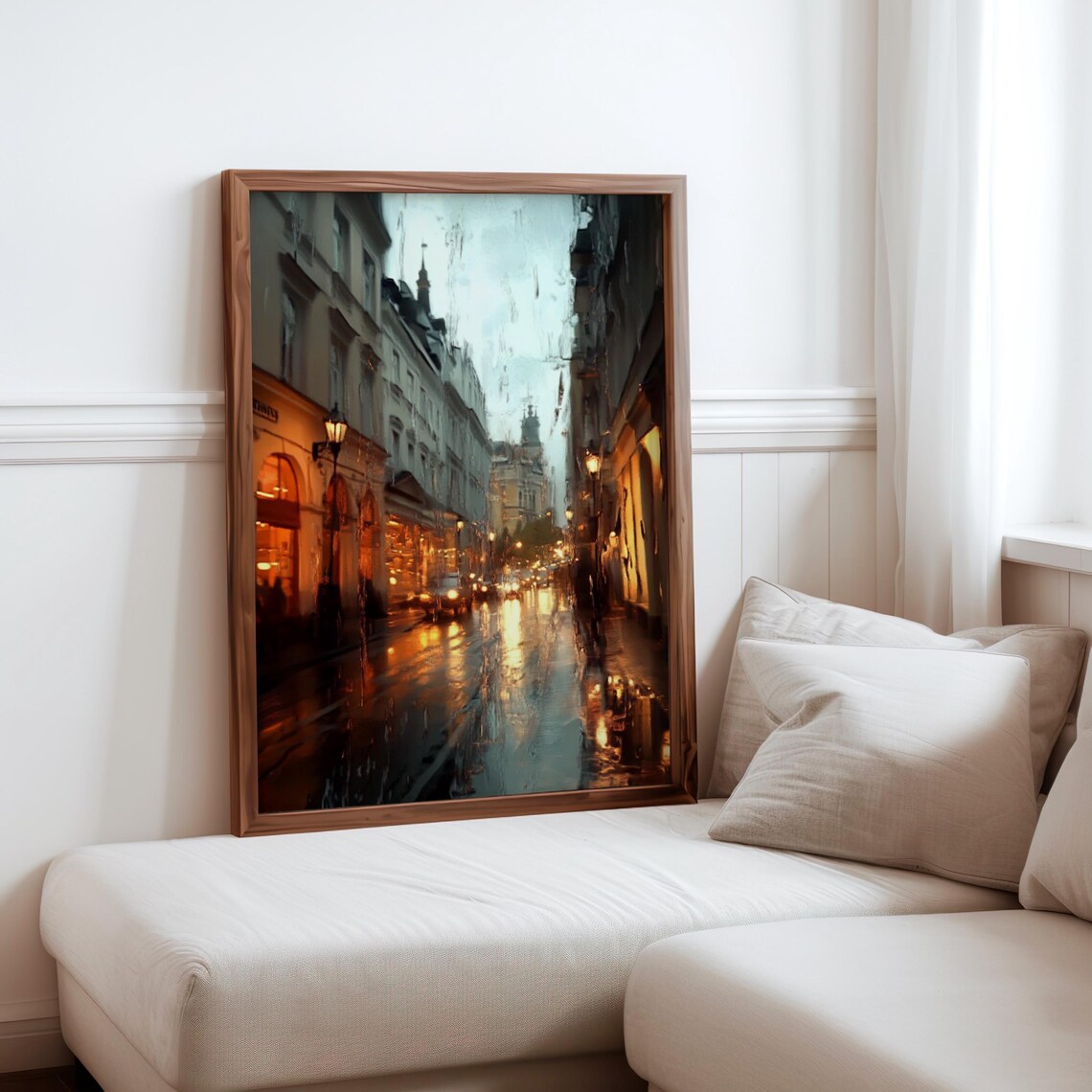 Golden Evening Glow Wet Cobblestone Street Historic Buildings Poster