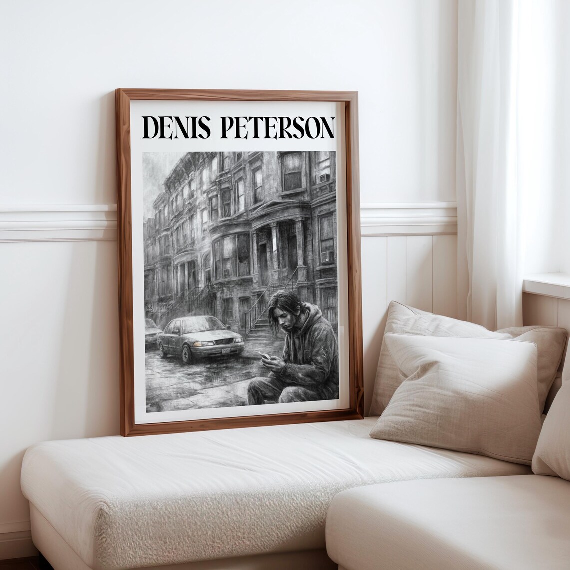 Denis Peterson Black and White Man on Curb Phone Brownstone Art Poster
