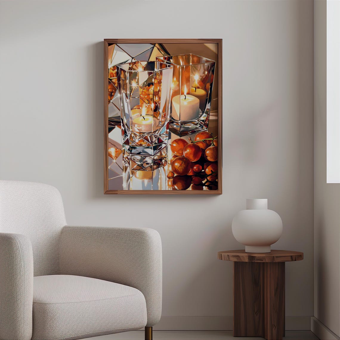 Faceted Crystal Tumblers Candles Oranges Still Life Art Print - Image 2