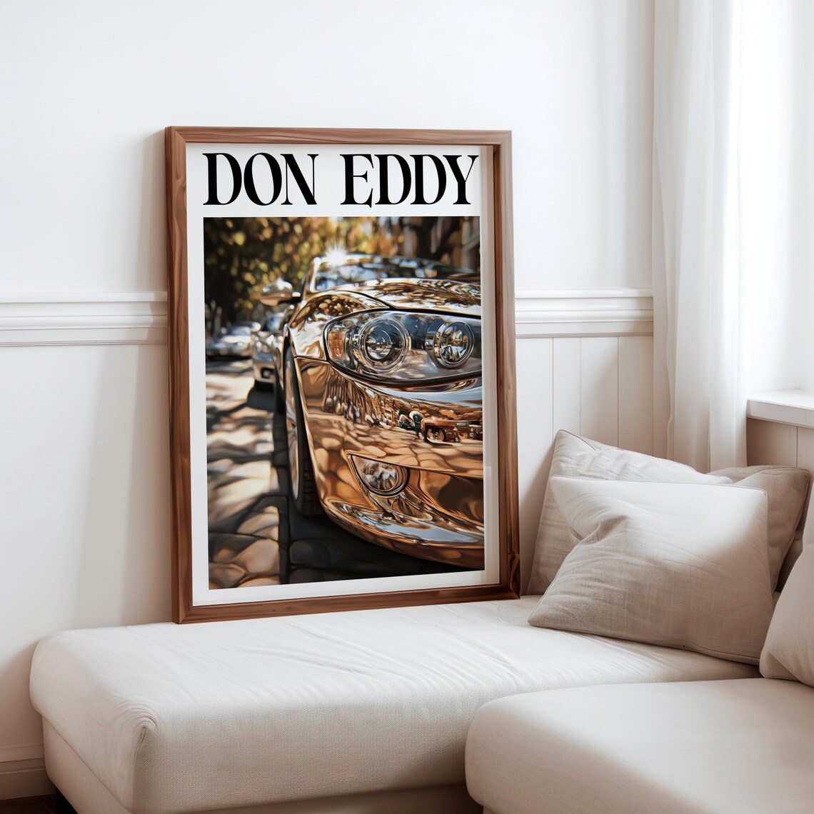 Don Eddy Style Gold Sports Car Street Front Quarter Reflection Poster