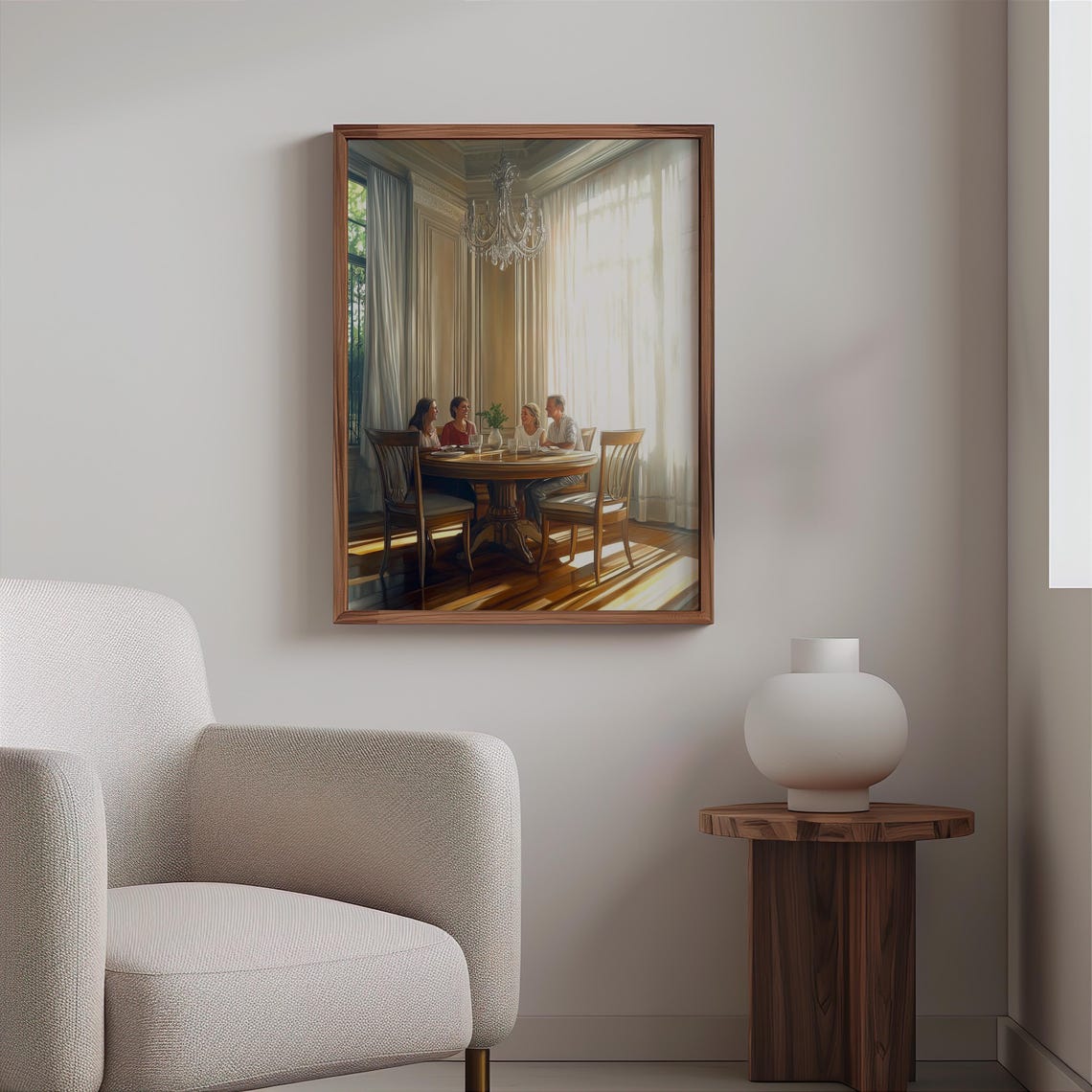 Sunlit Family Dinner Elegant Dining Room Chandelier Art Print - Image 2