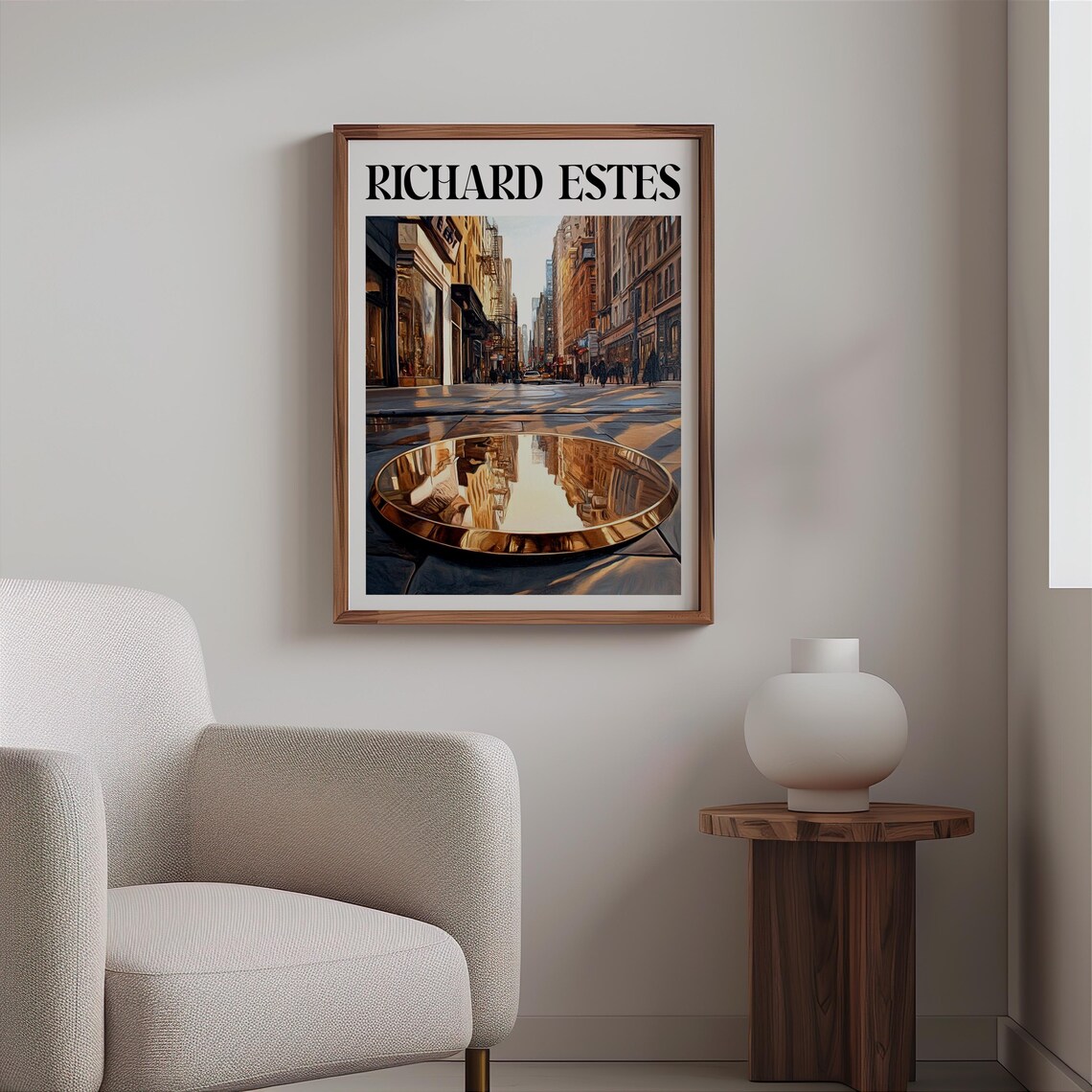 Bronze Disc Street Reflection Wet Pavement Photorealism Urban Poster - Image 2