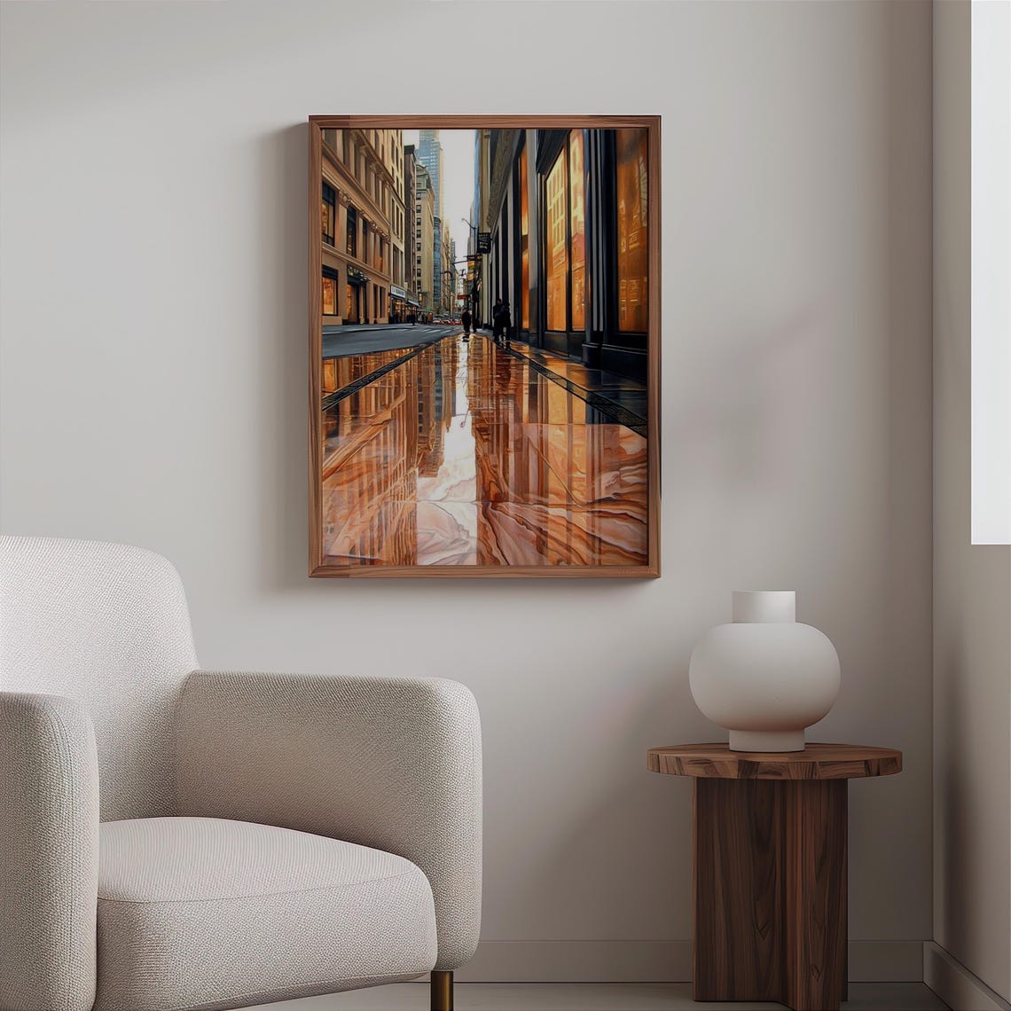 Photorealistic Dusk Street Wet Pavement Orange Storefront Glow Poster - Image 2