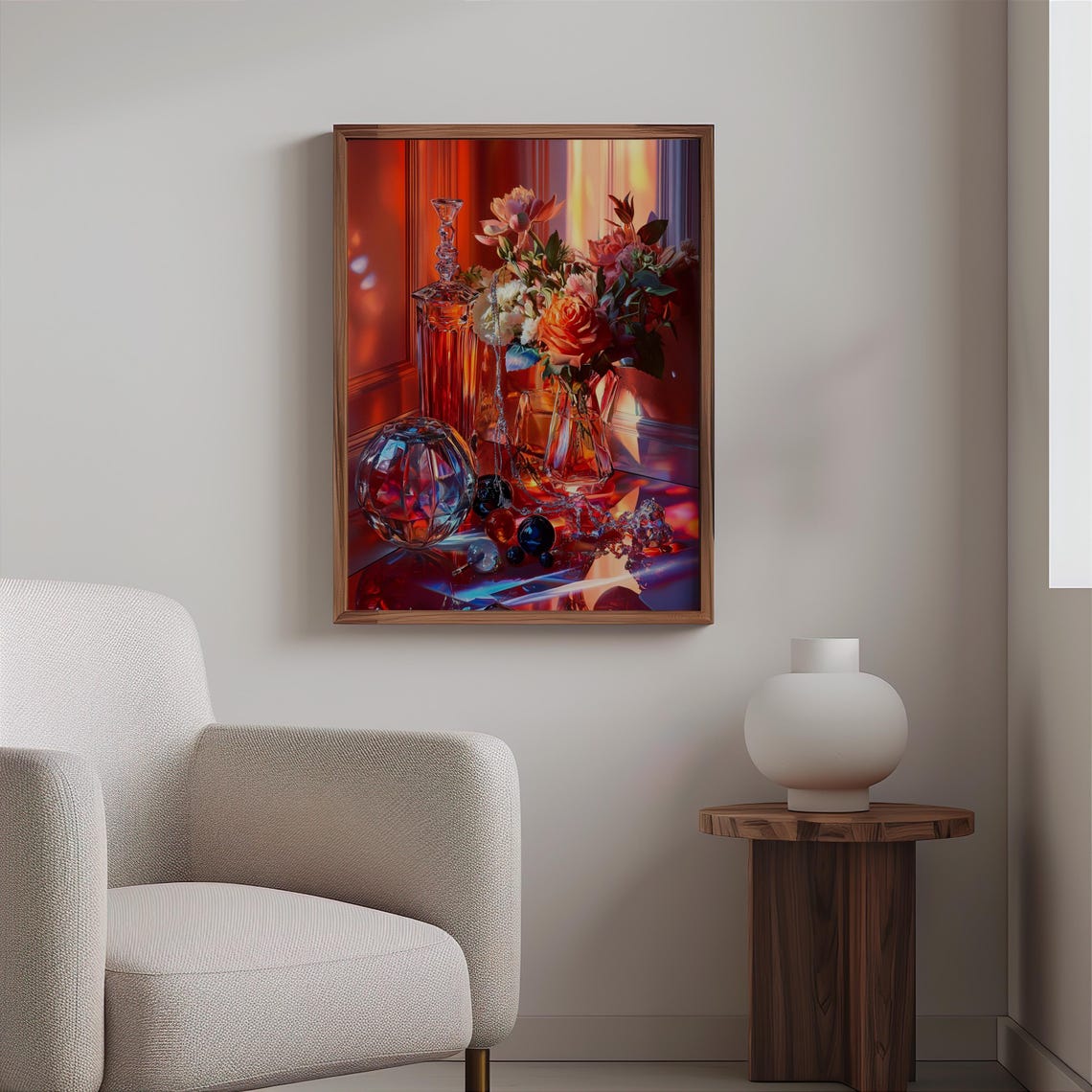 Tall Red Glass Decanter Roses Crystal Ball Still Life Art Print - Image 2