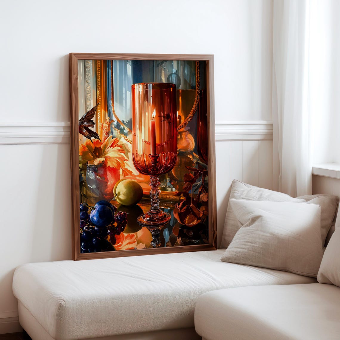 Amber Hurricane Goblet Candle Grapes Floral Still Life Art Print