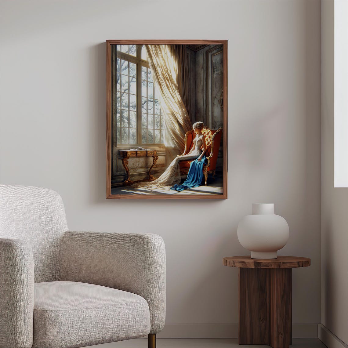 Lady Blue Gown Red Chair Tall Window Sheer Curtain Classic Poster - Image 2