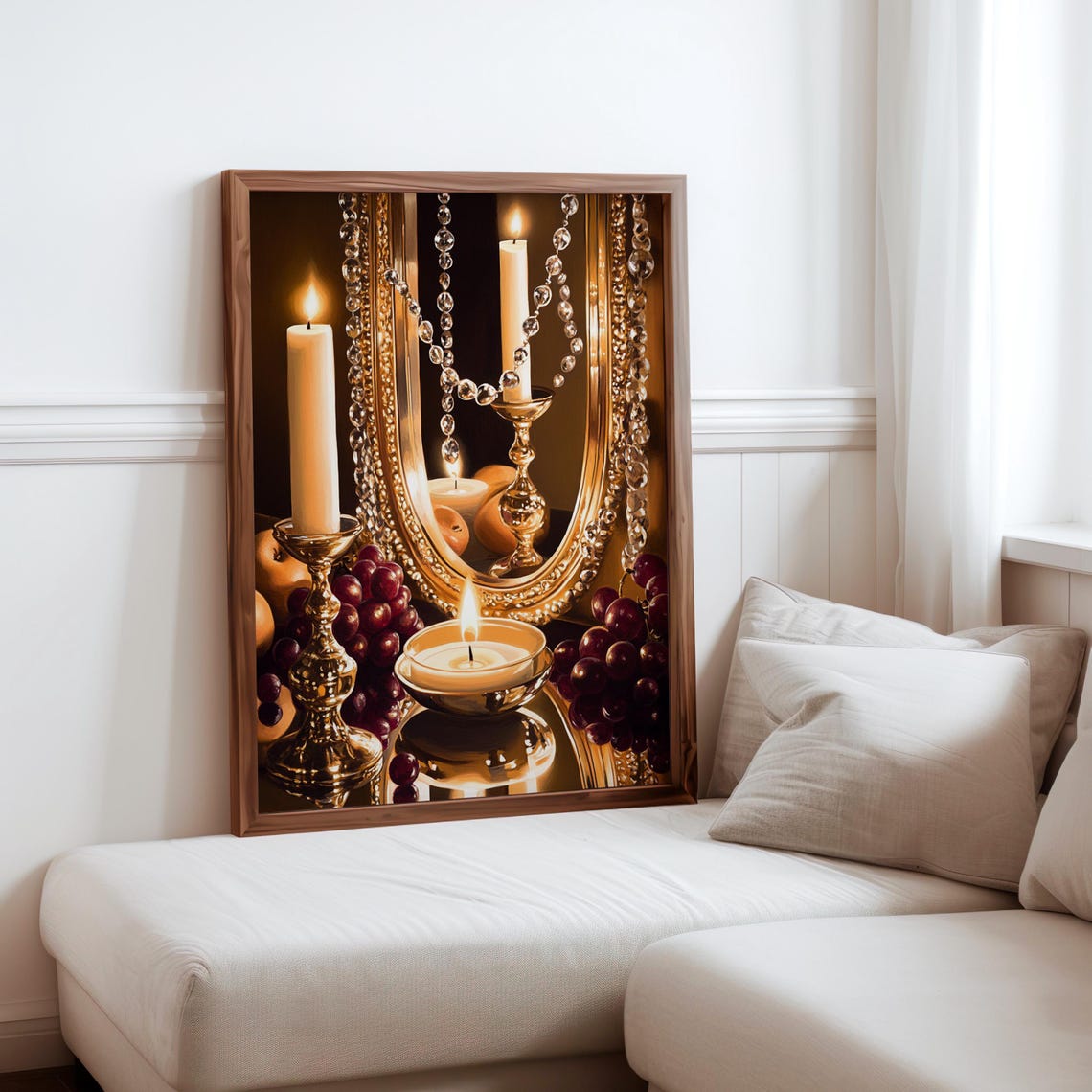 Brass Candlesticks Crystal Beads Grapes Mirror Still Life Print