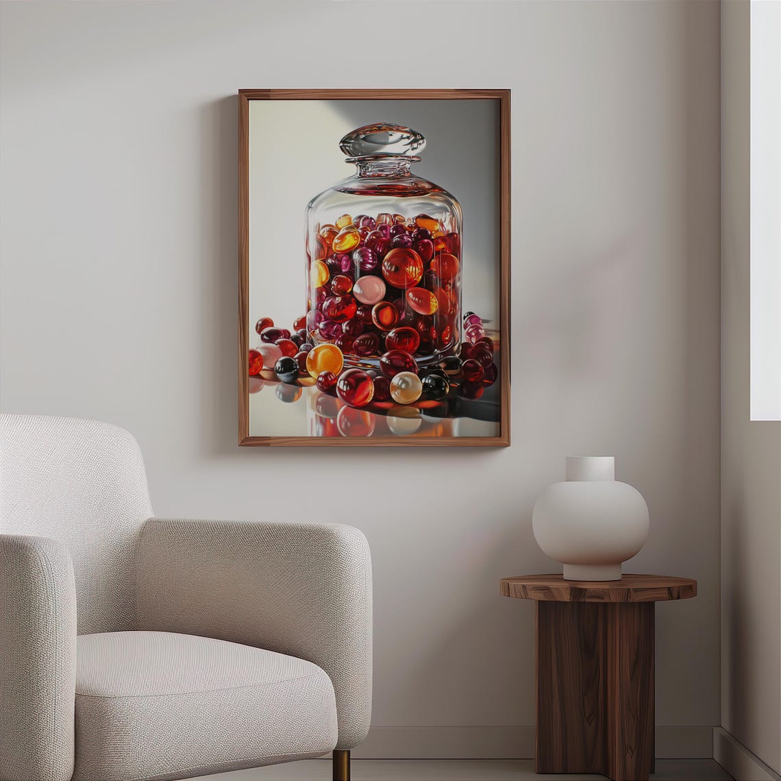 Red Amber Marbles Glass Jar Scattered Still Life Photorealism Poster - Image 2