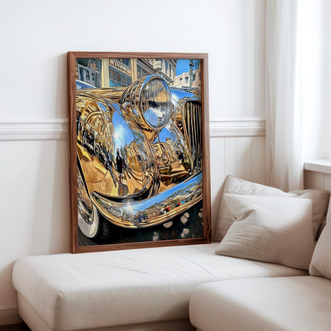 Chrome Car Front Mirror Street Reflection Blue Sky Auto Poster