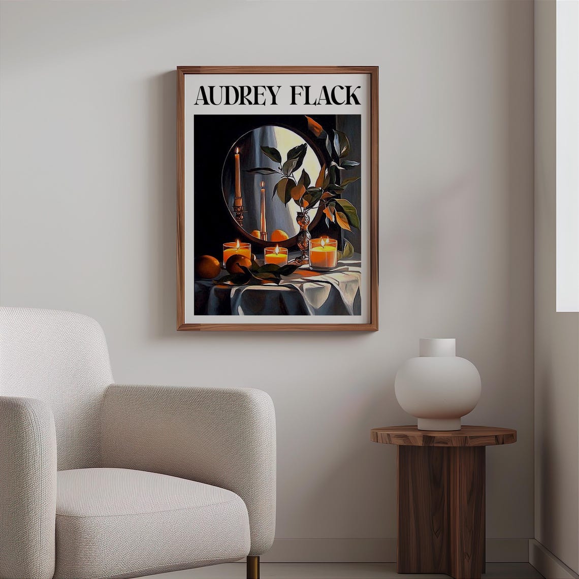 Audrey Flack Round Mirror Candles Oranges Night Still Life Poster - Image 2