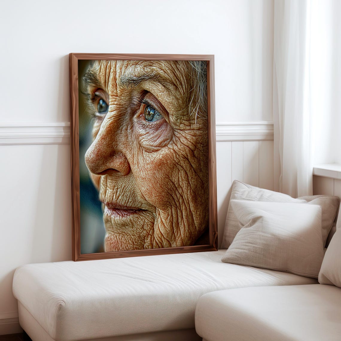 Elderly Woman Side Profile Blue Eyes Deep Wrinkles Portrait Poster