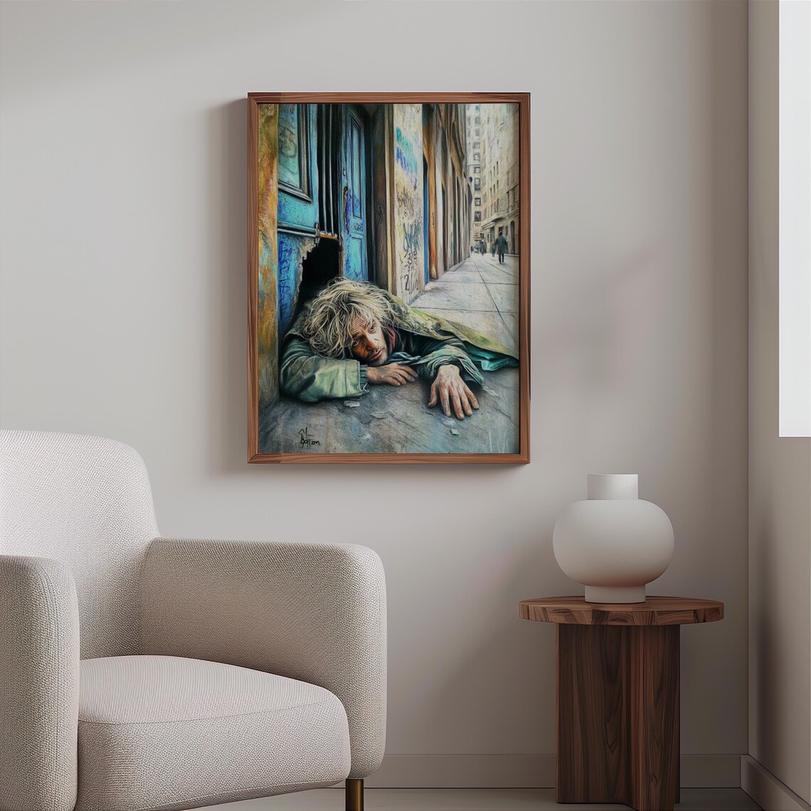 Disheveled Man Lying Teal Doorway Reaching Out Painted Art Poster - Image 2