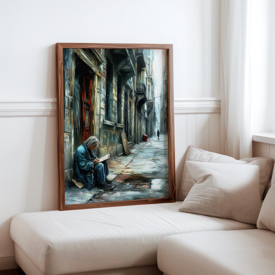 Rainy Alley Reading Man Photorealistic Urban Street Scene Poster