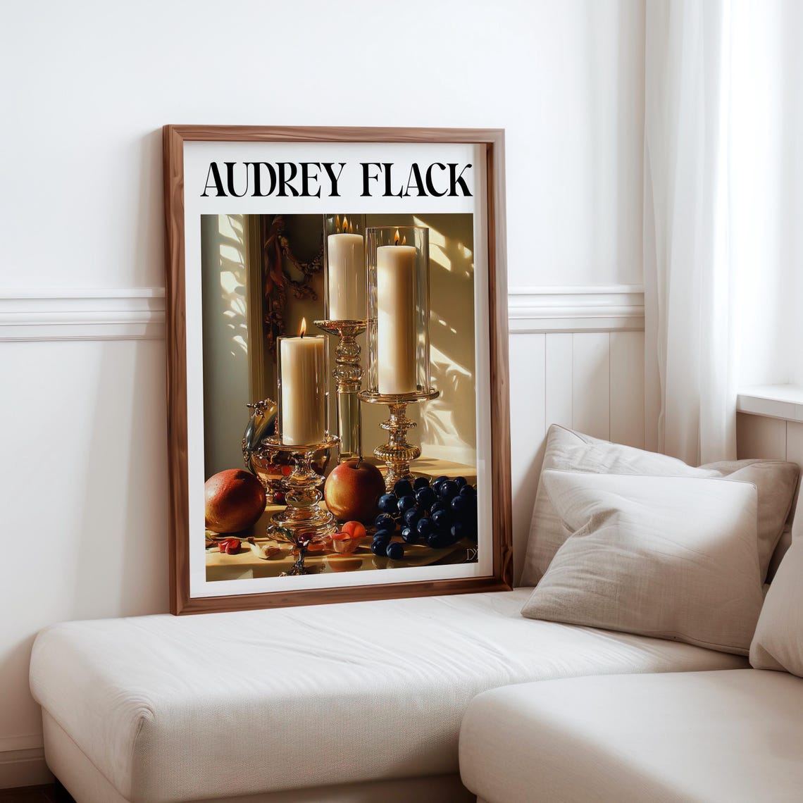 Audrey Flack Inspired Pillar Candles Brass Stands Pomegranate Poster