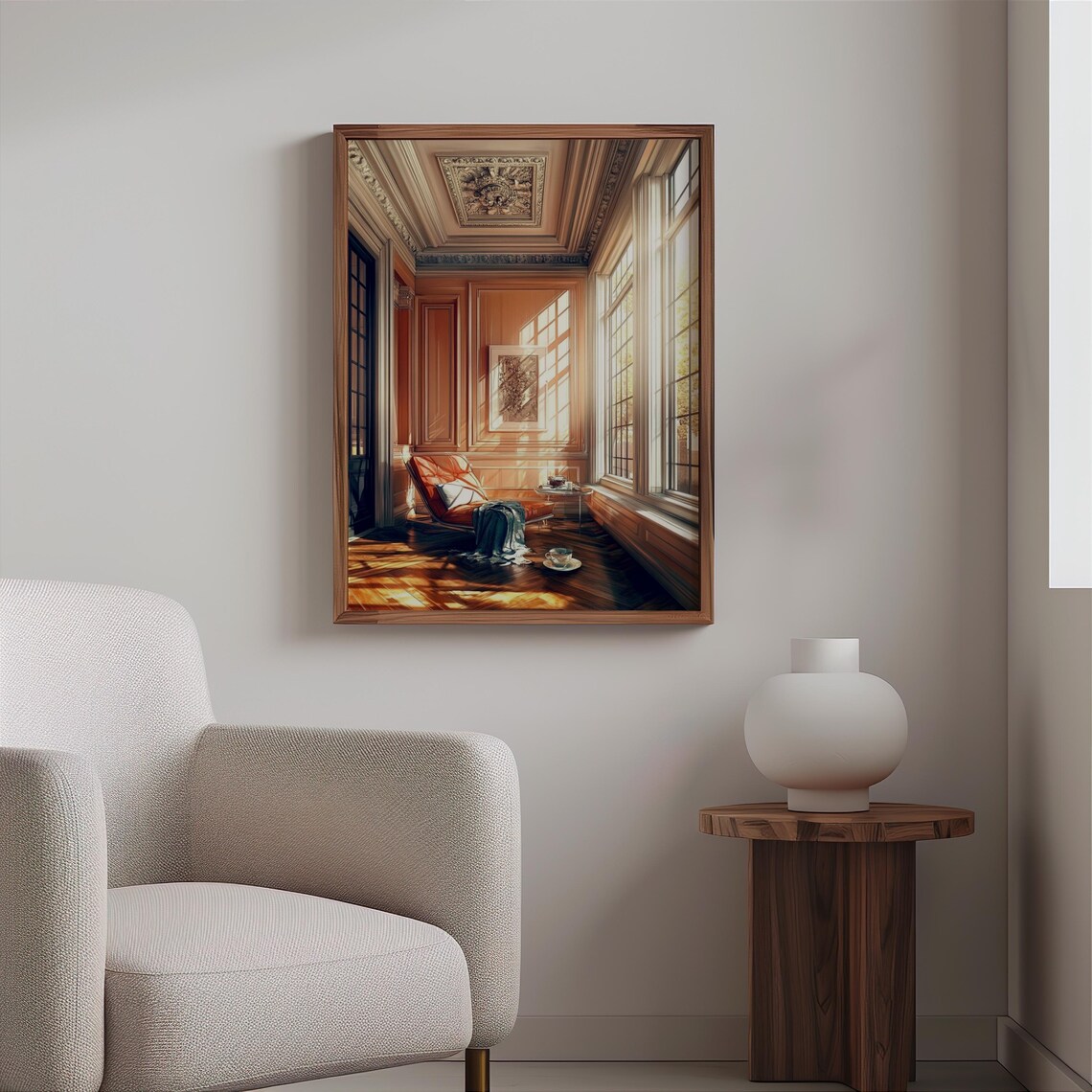 Wood Paneled Tea Corner Orange Chaise Warm Sunlight Wall Art - Image 2