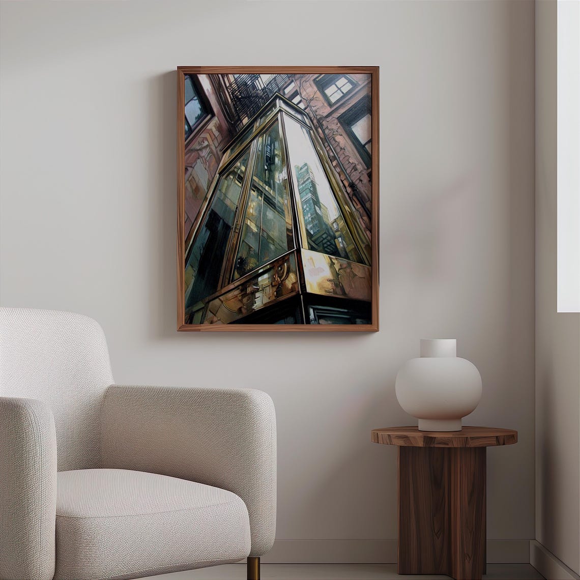 Photorealistic Glass Elevator Tower Between Brick Buildings Poster - Image 2