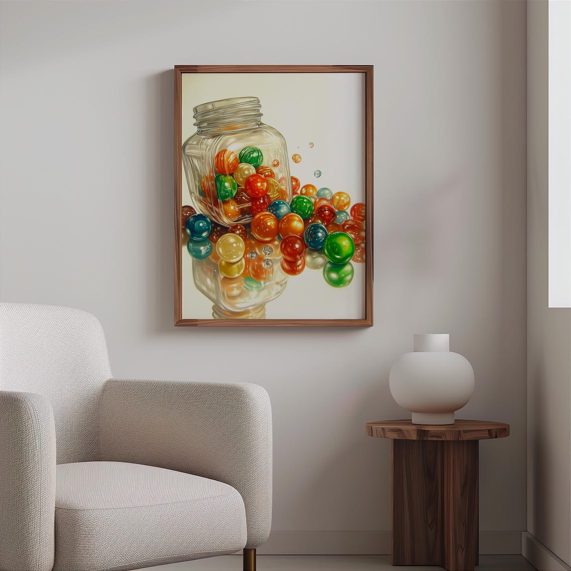 Tipped Glass Jar Spilling Colorful Marbles White Background Poster - Image 2