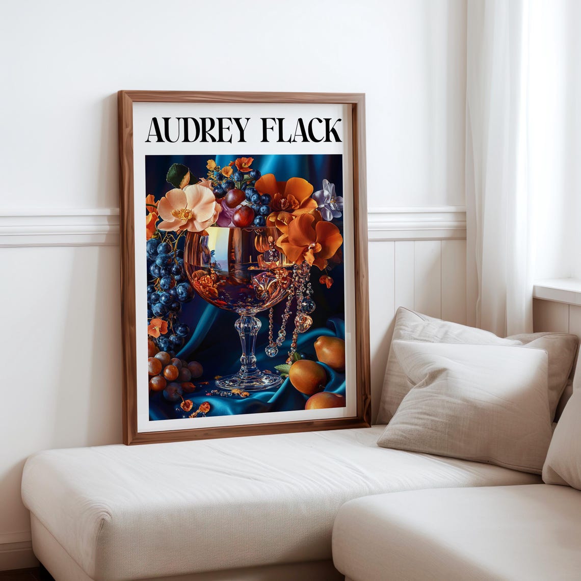 Audrey Flack Brandy Snifter Grapes Flowers Blue Drape Still Life Print