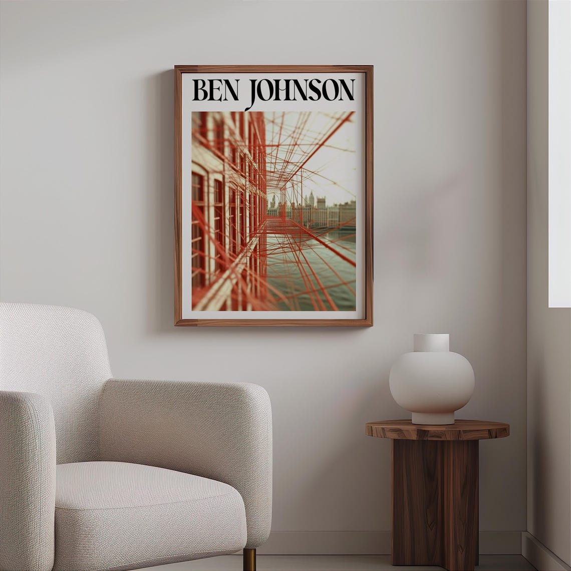Ben Johnson Inspired Red Steel Bridge Cables City Skyline View Poster - Image 2