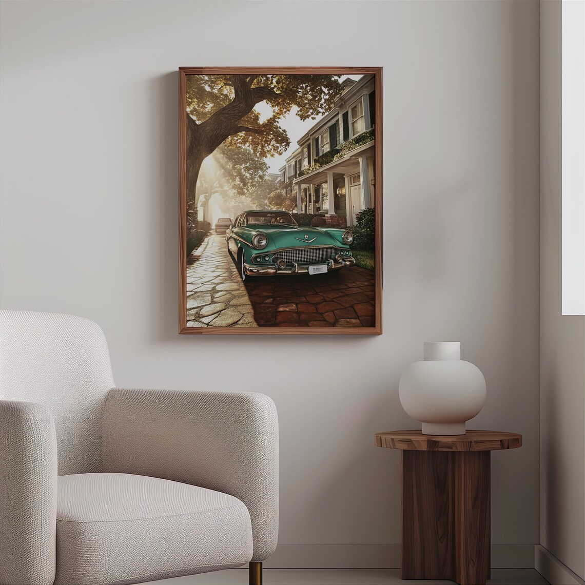 Teal 1950s Sedan Cobblestone Street Morning Light Photorealism Poster - Image 2