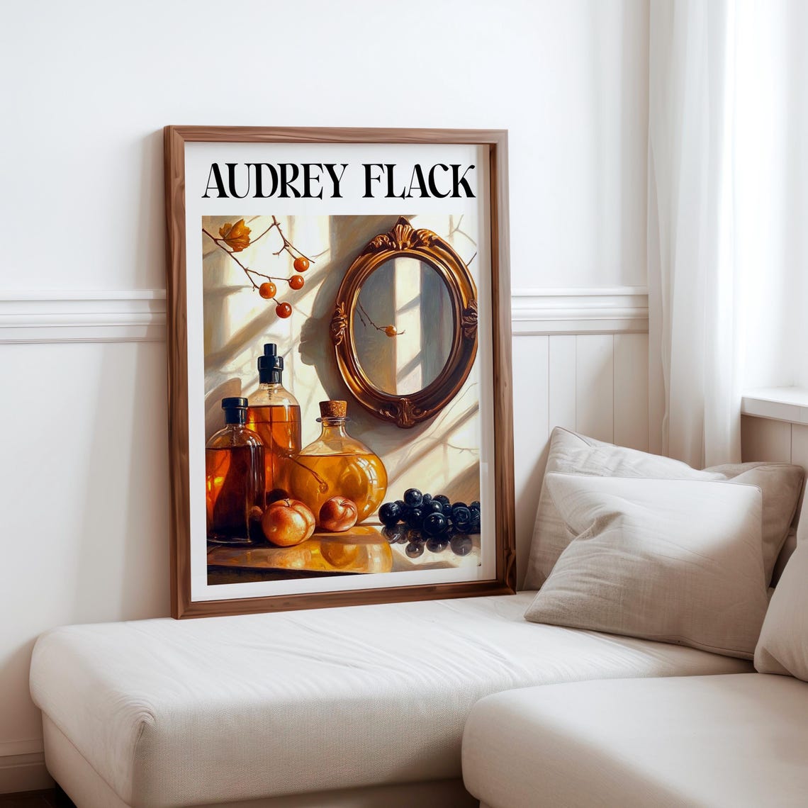 Audrey Flack Inspired Amber Glass Bottles Peaches Mirror Poster