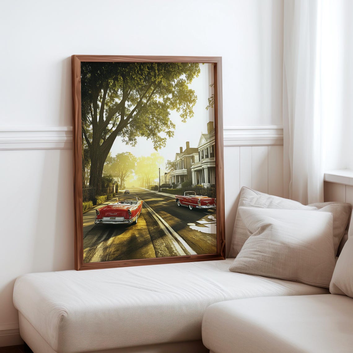 Photorealistic Golden Hour Suburb Red Vintage Convertibles Poster