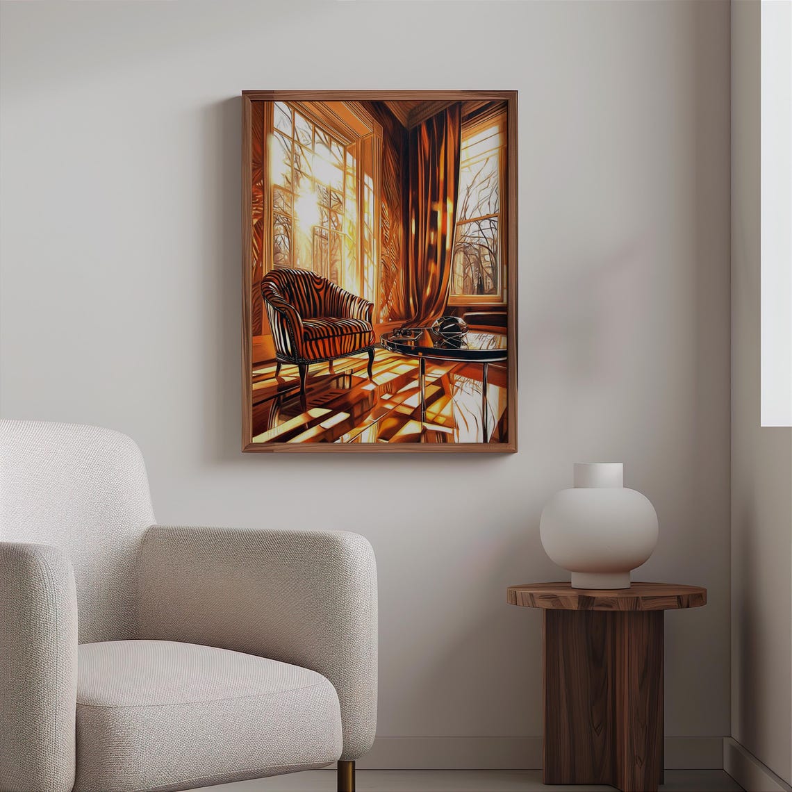 Zebra Striped Armchair Sunlit Bay Window Bold Interior Art Poster - Image 2