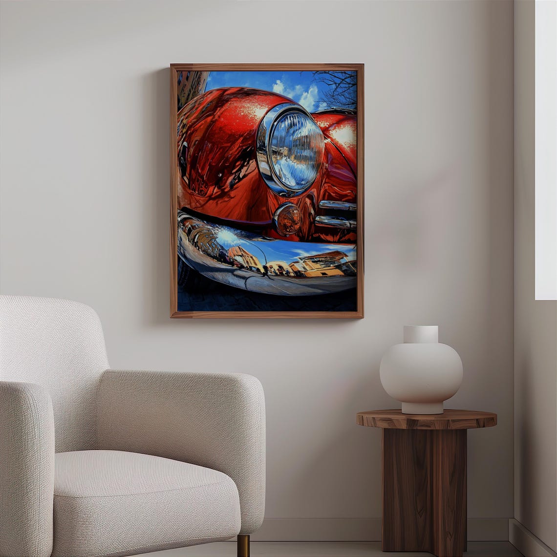 Red Classic Car Headlight Chrome Bumper Street Reflection Poster - Image 2