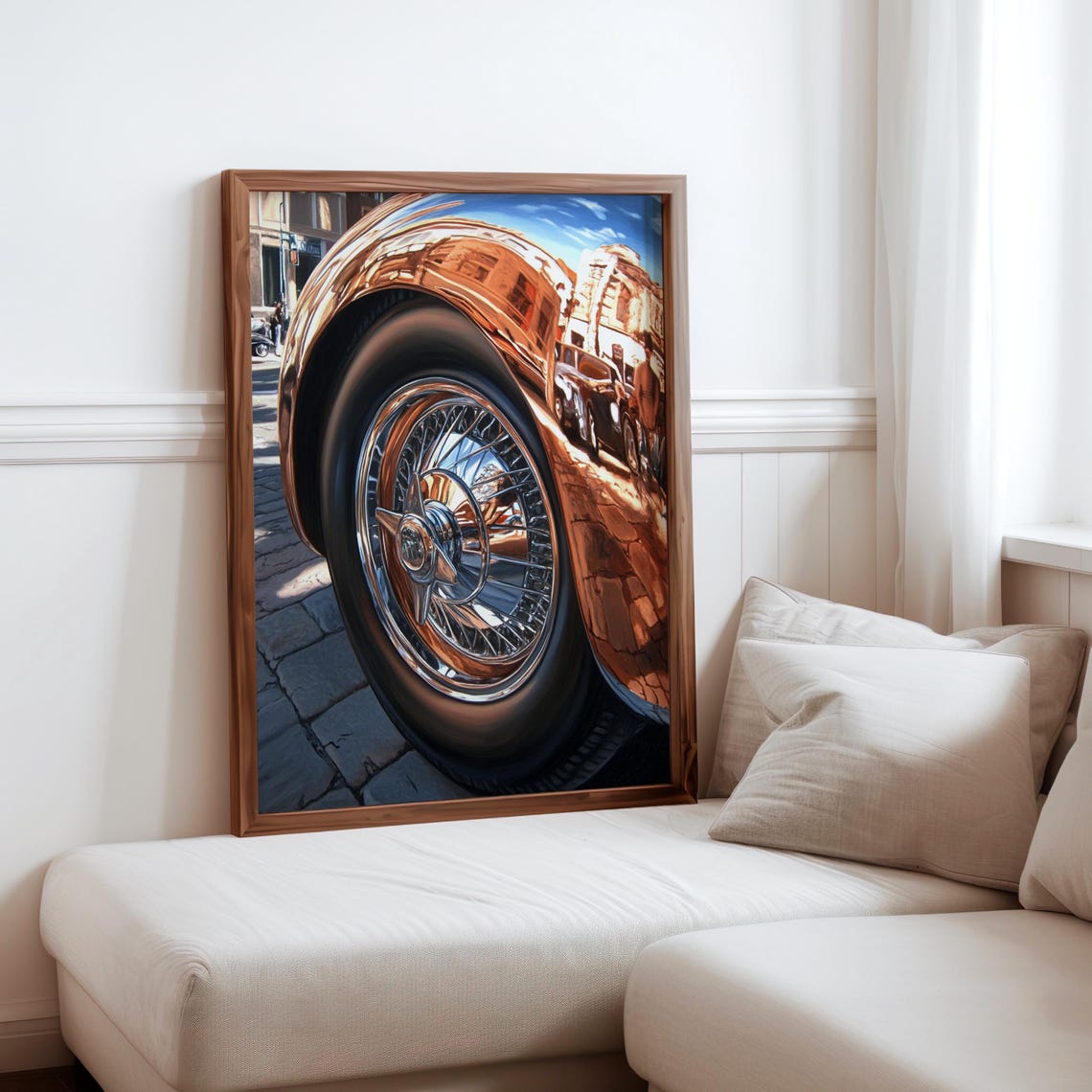 Copper Vintage Car Chrome Wire Wheel Cobblestone Street Poster