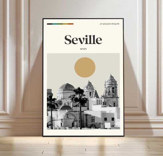 Retro Seville Spain Cathedral Cityscape Golden Sun Travel Poster