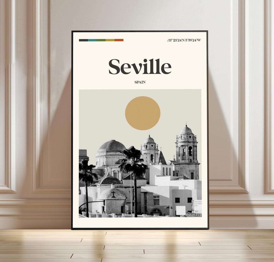 Retro Seville Spain Cathedral Cityscape Golden Sun Travel Poster