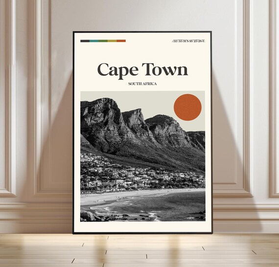 Cape Town South Africa Mountain Beach Red Sun Vintage Travel Poster