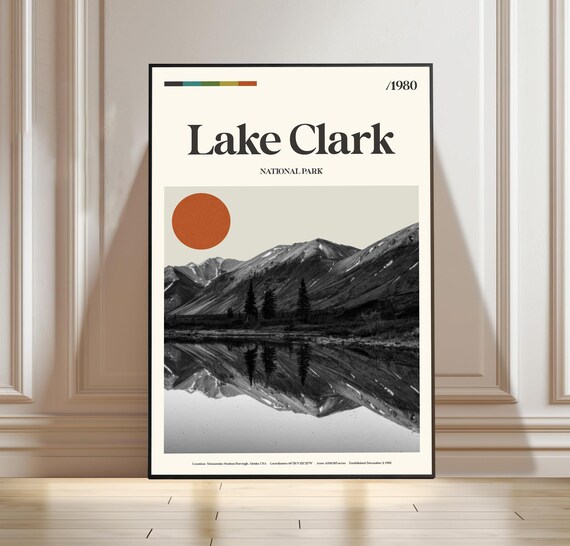 Lake Clark National Park Alaska Mountain Reflection Black White Travel Poster