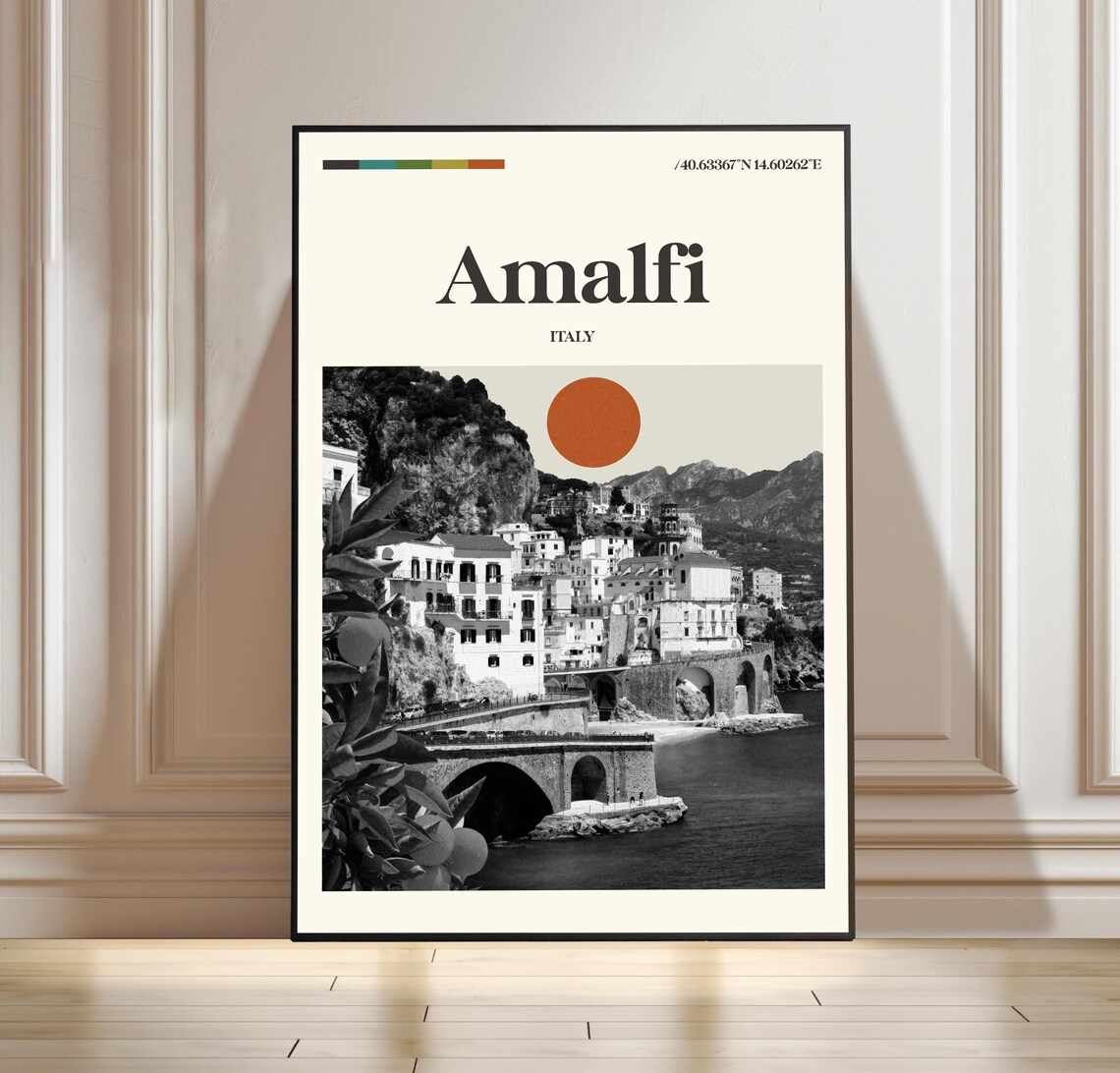 Amalfi Italy Coastal Town Bridge Sunset Minimalist Travel Poster