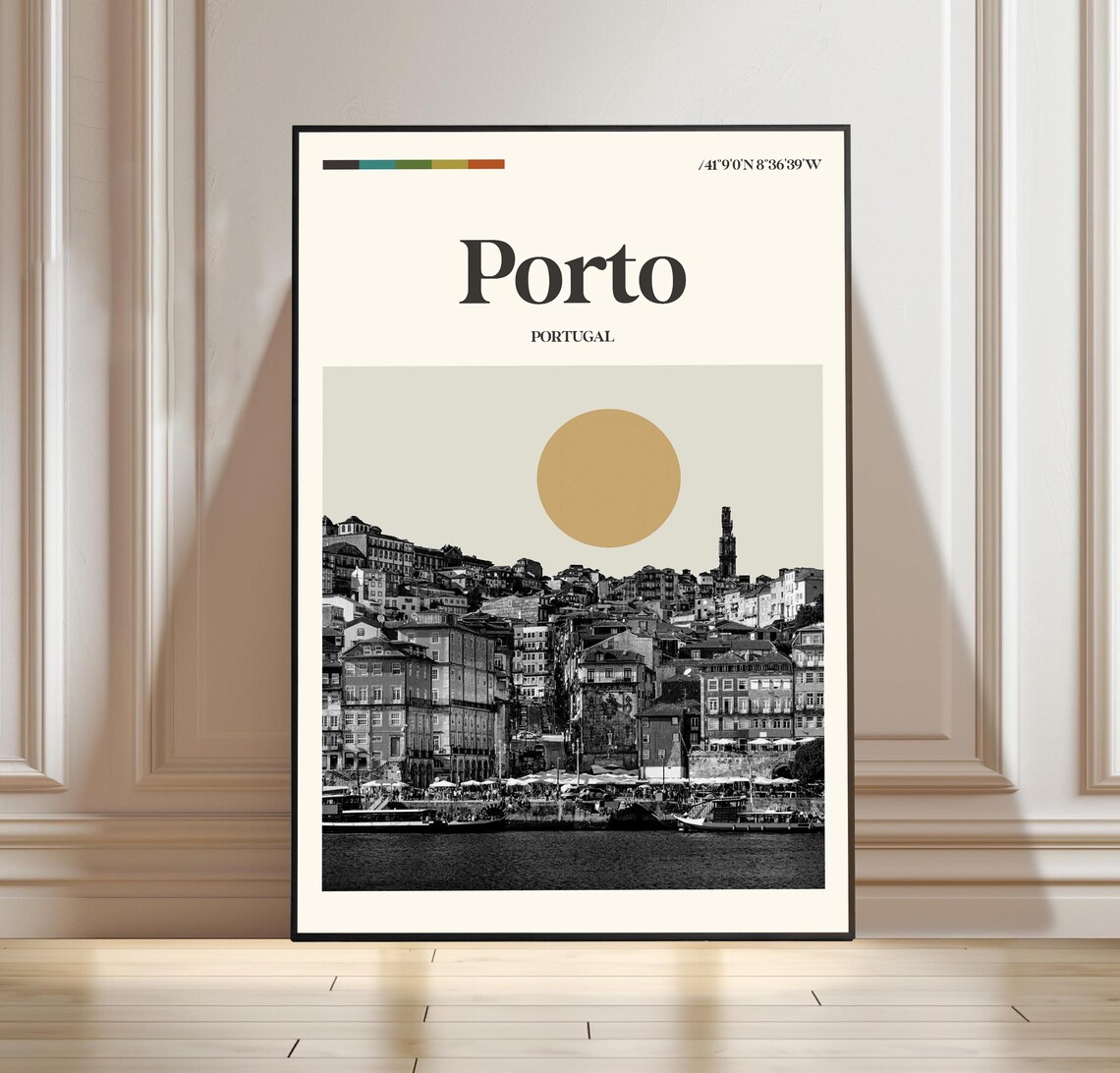 Porto Portugal Minimalist Black White Douro Riverside Travel Poster