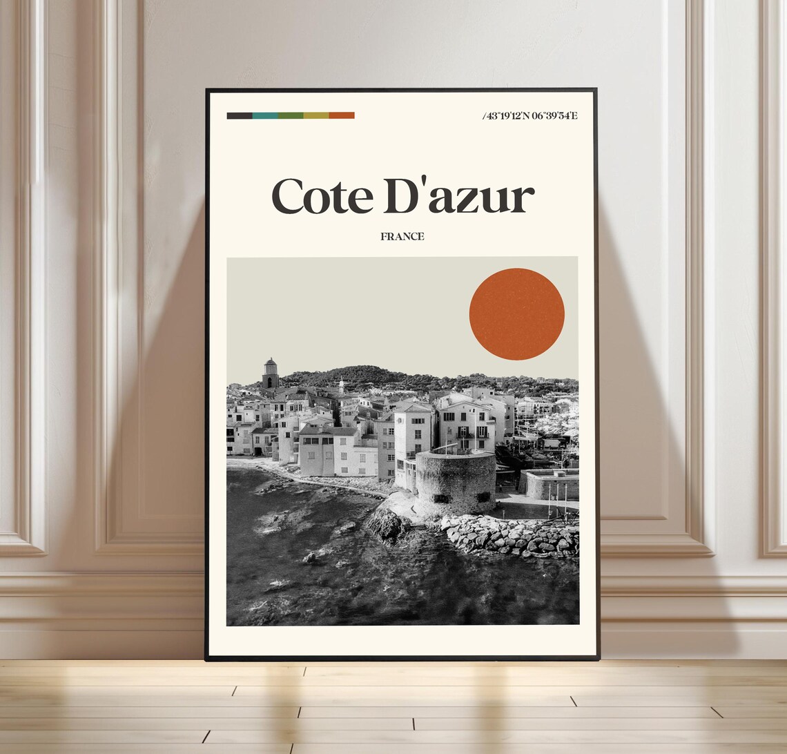 Cote Dazur France Retro Minimalist Mediterranean Harbor Travel Poster