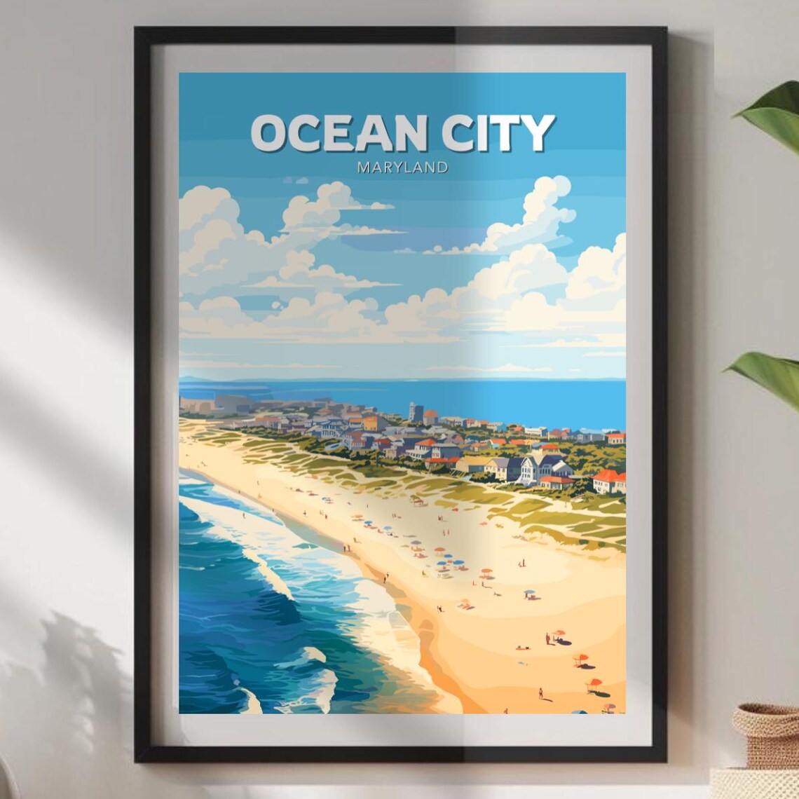 Ocean City Maryland Beach Boardwalk Aerial View Travel Poster