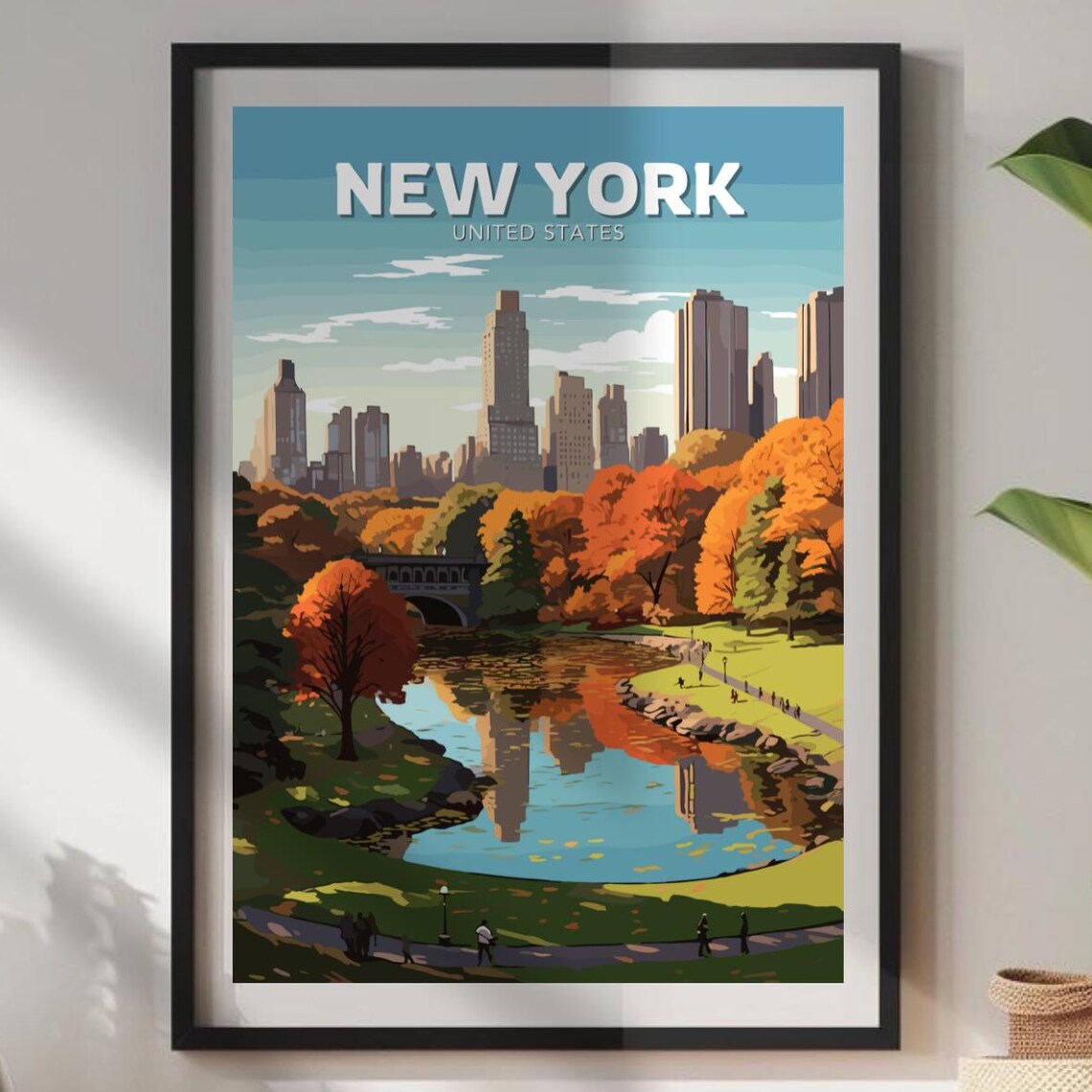 New York Central Park Autumn Bow Bridge Skyline Travel Poster