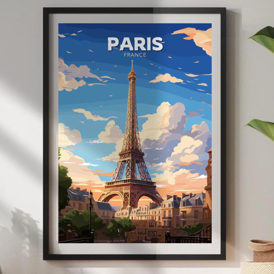 Paris France Eiffel Tower Sunset Clouds Travel Skyline Art Poster