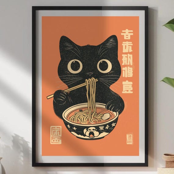 Slurpin Cat Vintage Japanese Poster, Kitchen Decor