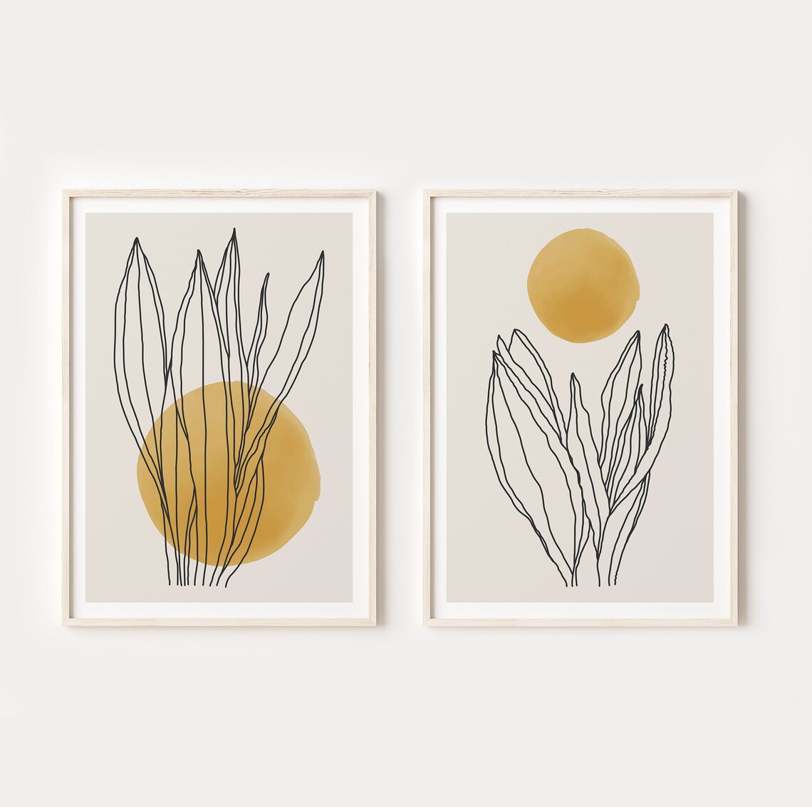 Beige Botanical Line Art Set of 2 Mustard Gold Sun Leaf Wall Art
