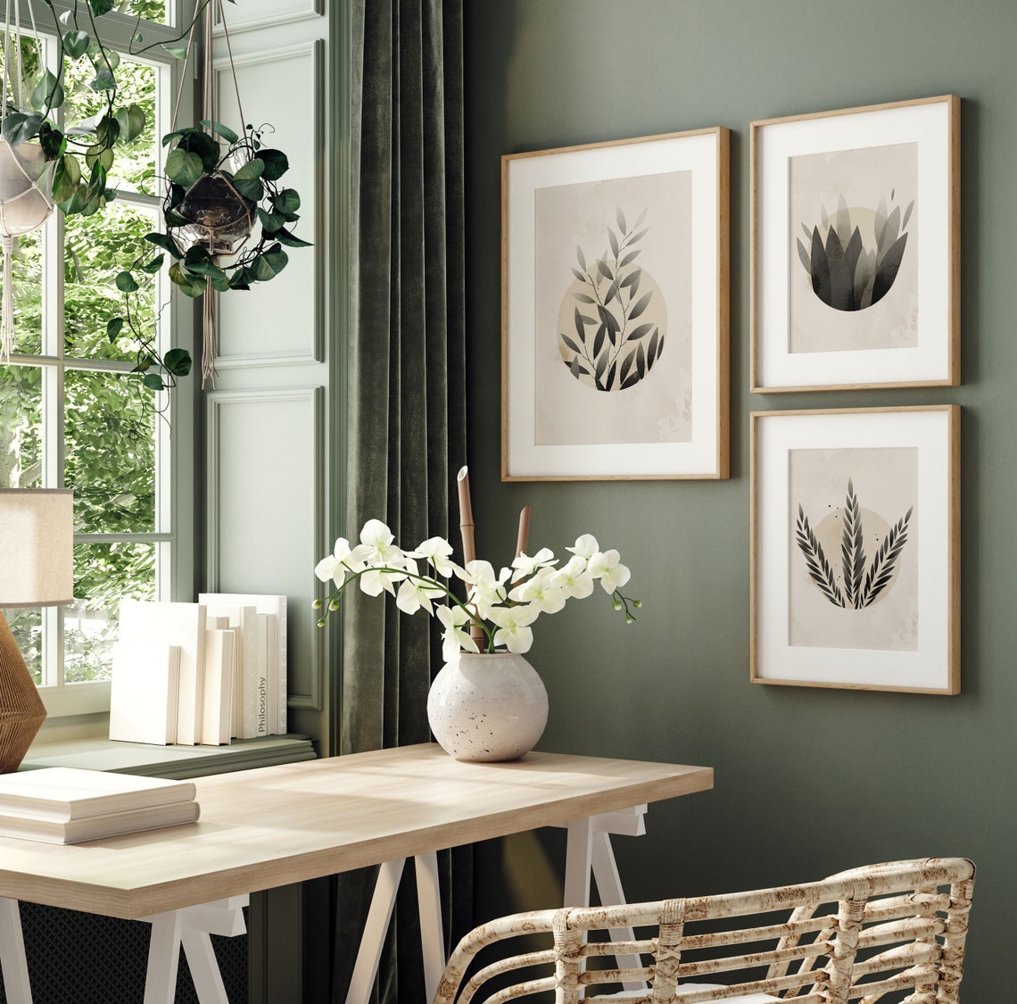 Gray Watercolor Botanical Moon Circles Three Panel Minimalist Poster - Image 3