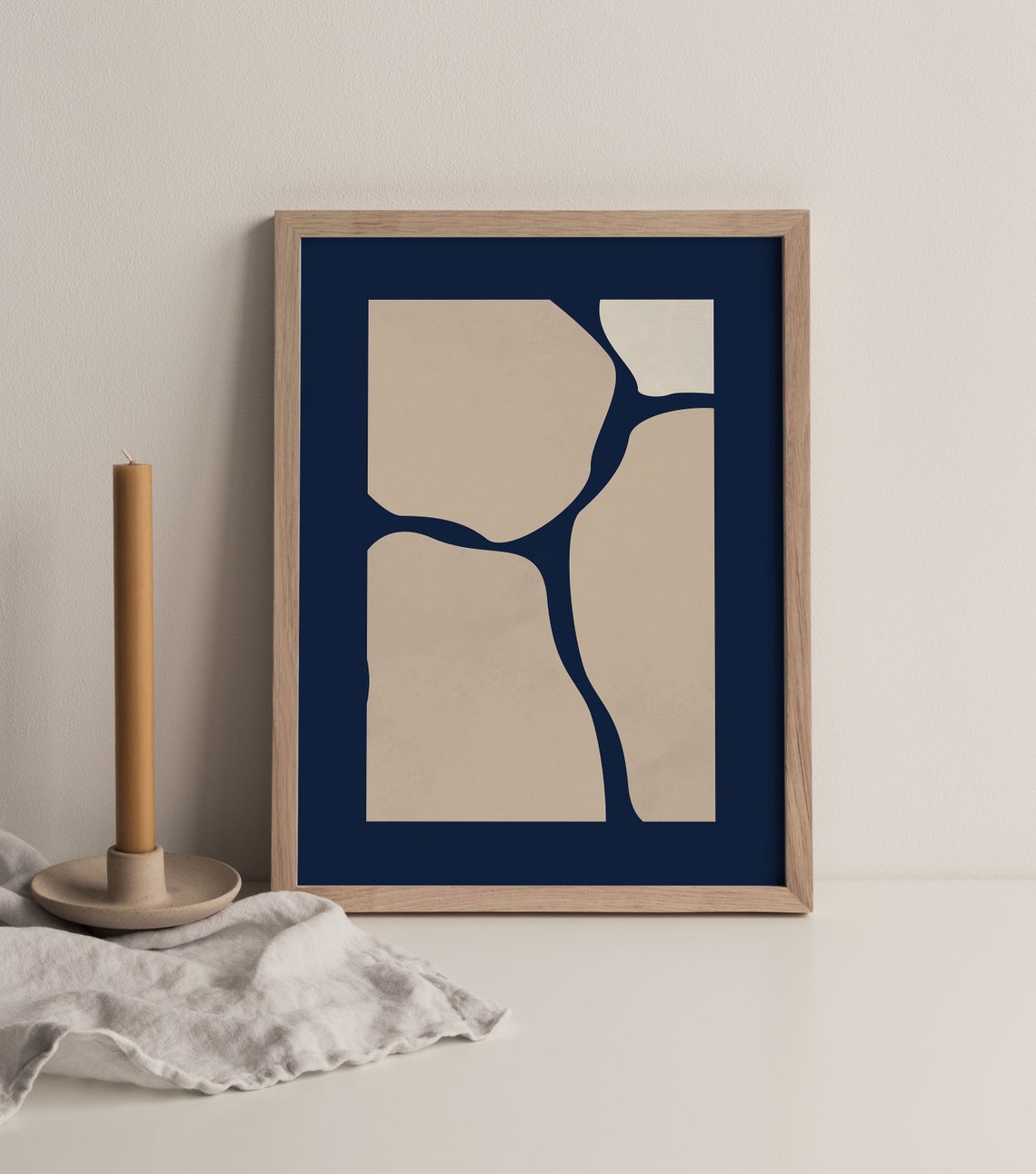 Navy Blue Beige Stone Organic Shape Minimalist Abstract Art Poster - Image 2