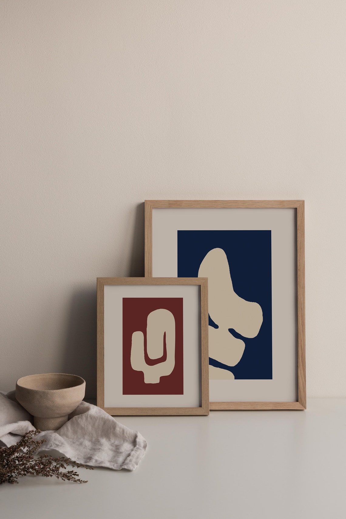 Bold Two Tone Abstract Cactus and Blob Cream on Red Navy Poster