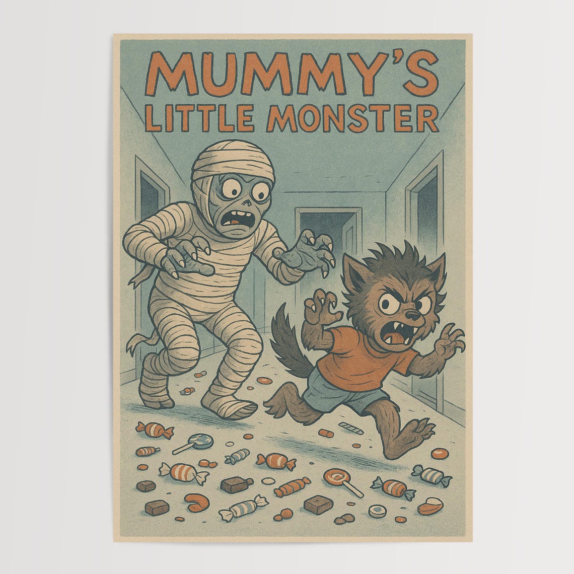 Mummy's Little Monster Retro Halloween Cartoon Mummy Werewolf Poster