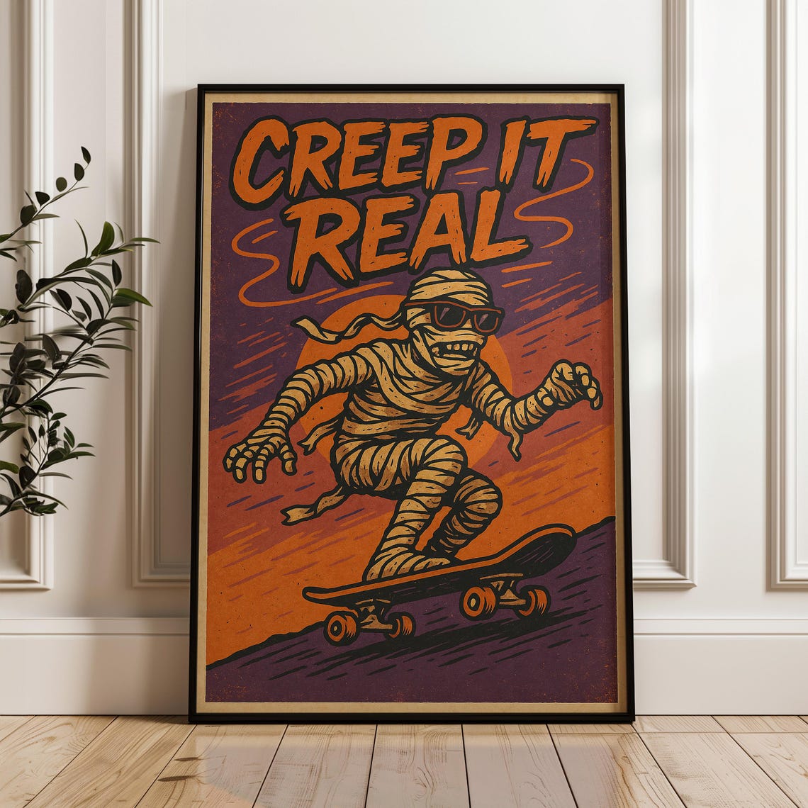 Retro Halloween Mummy Poster Skateboarding Undead Art