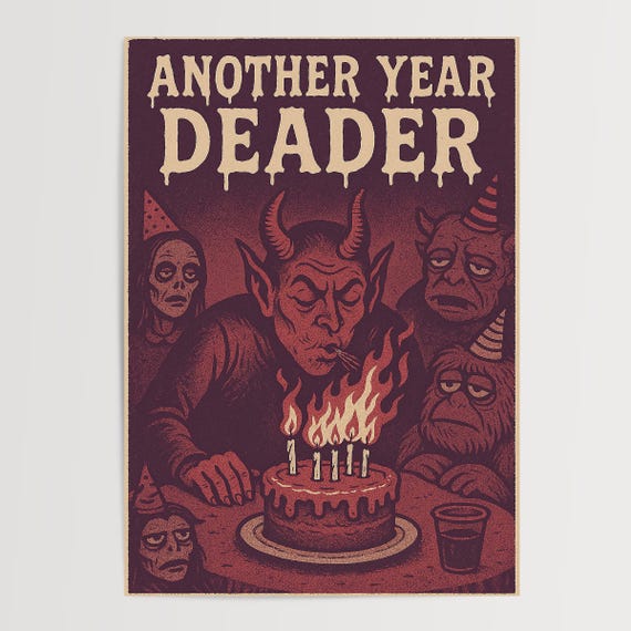 Funny Gothic Birthday Poster Devil Cake Dark Humor Party Decor