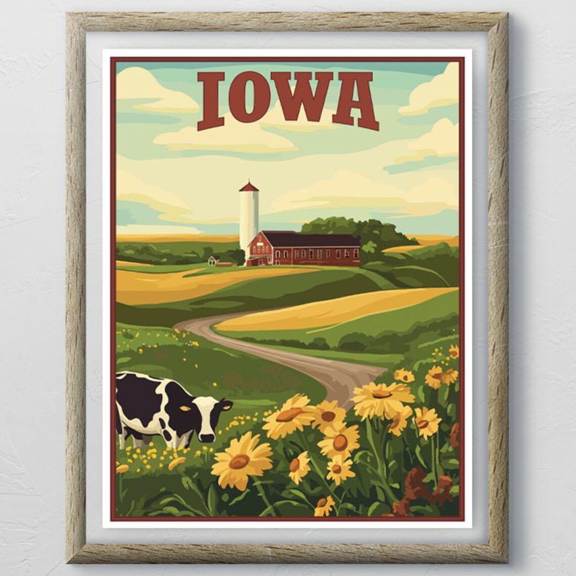 Iowa Farm Barn Silo Rolling Hills Cow Flowers Vintage Travel Poster